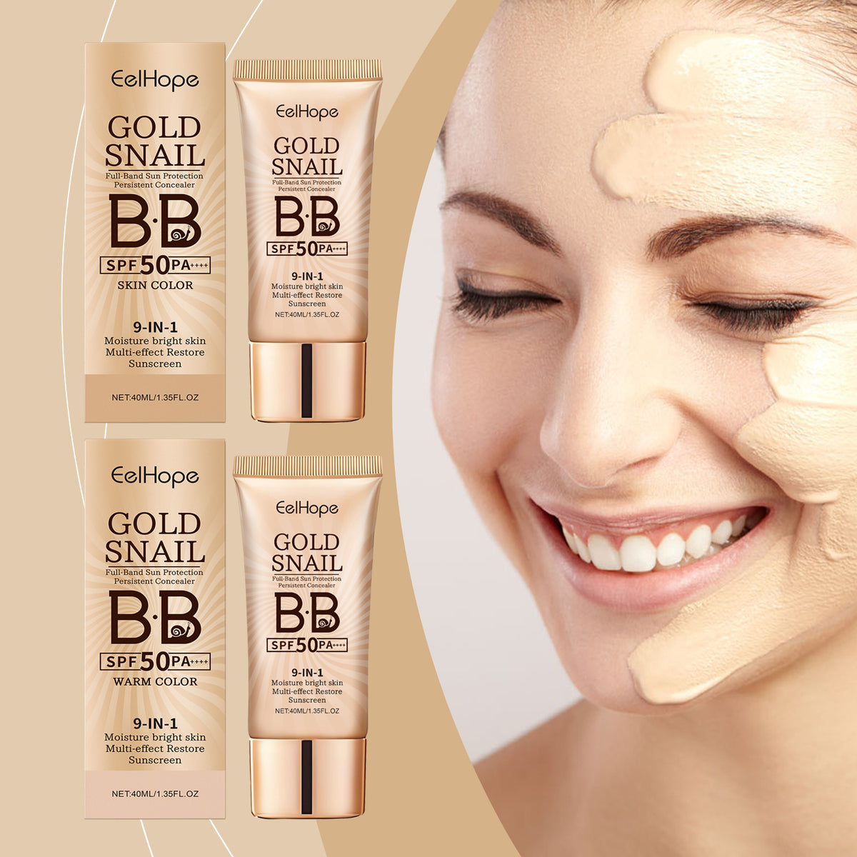 Eelhope Gold Snail Protective Bb Cream, Moisturizing Concealer Skin Tone Natural Color Waterproof, Sweat Resistant And Makeup Free